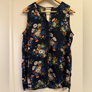 Pleione Peony Floral Sleeveless Blouse Blue, orange, yellow Women's large